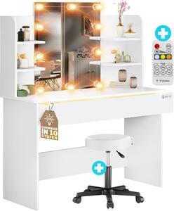 CASARIA® Toeletta Lucia con sgabello Cassetto a 3 scomparti incl. sensore di distanza Specchio 4 ripiani aperti Toeletta Tavolo da trucco 108x40cm Bianco, variante: con LED e sgabello