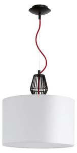 Lampada a sospensione, paralume in tessuto bianco, struttura in metallo nero, altezza 110 cm