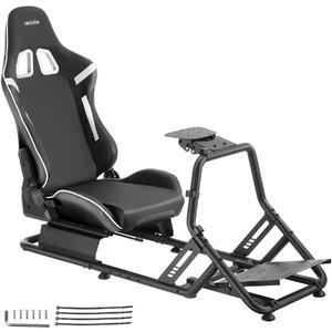 Sedia da gaming tectake Sim-Racing-Cockpit GT-Style Sedile da corsa regolabile in 12 posizioni Volante Supporto per pedali Acciaio 57x144x108 cm Console