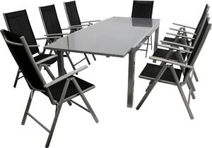 Set da giardino DEGAMO MARINA, 9 pezzi: 8 sedie pieghevoli regolabili in 8 posizioni, 1 tavolo allungabile con piano in vetro (180/240 x 100 cm), alluminio + tessuto sintetico nero