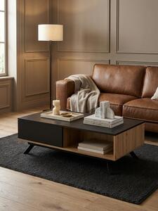 Tavolino da salotto 110x60x38 cm MDF finitura rovere / nero Tavolino da salotto, tavolino rettangolare con spazio contenitivo, tavolino da caffè con cassetti, tavolino da salotto con gambe in metallo