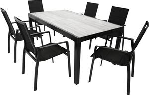 Set da giardino DEGAMO set da giardino FARO 7 pezzi (6x sedie impilabili, 1x tavolo allungabile), alluminio antracite + tessuto sintetico nero