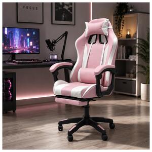Sedia da gaming ergonomica con poggiapiedi Design racing in rosa e bianco