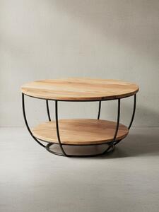 Tavolino da salotto 60x34,5x60 cm in legno massello di acacia / metallo, tavolino da salotto di design, tavolo da soggiorno rotondo, tavolino industriale marrone, tavolo con ripiano