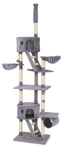 Tiragraffi lionto con tenditore a soffitto, torre attività grande 230-250 cm con 2 grotte, 2 abbeveratoi, scale e palline, grigio chiaro