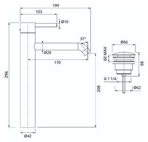 Miscelatore monocomando per lavabo Herzbach DEEP iX, modello XL, diametro 170 mm, per bassa pressione, con sistema di scarico a pulsante, in acciaio inossidabile