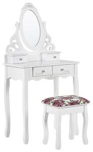 Tavolino da toilette, 4 cassetti, specchio ovale e sgabello bianco AMOUR