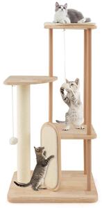GOPLUS 112cm tiragraffi, albero per gatti in legno con tiragraffi in sisal e paletto, area di riposo imbottita, 2 piattaforme, 2 giochi appesi, beige