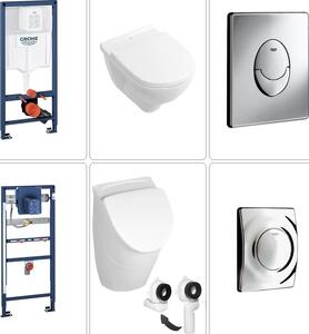 VILLEROY & BOCH O.NOVO WC sospeso senza bordo + sedile WC SoftClose TakeOff e orinatoio + coperchio, telaio frontale a parete GROHE e piastra di risciacquo in cromo