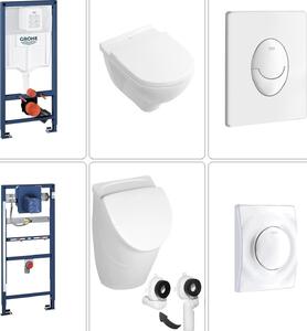 VILLEROY & BOCH O.NOVO WC sospeso senza bordo + sedile WC SoftClose TakeOff e orinatoio + coperchio, telaio frontale a parete e piastra di risciacquo GROHE in bianco