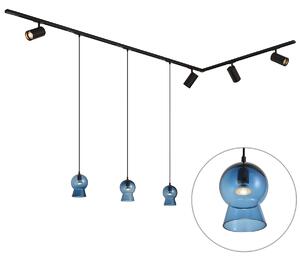 Sistema a binario moderno nero con 4 faretti e 3 lampade a sospensione blu monofase - Iconic Bell Jeana Luxe