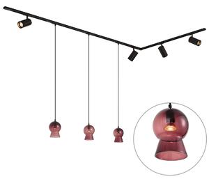 Sistema a binario moderno nero con 4 faretti e 3 lampade a sospensione viola monofase - Iconic Bell Jeana Luxe