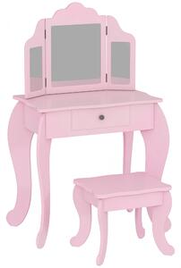 HOMCOM Tavolo da Trucco per Bambini con Sgabello e Triplo Specchio, in Legno e Acrilico, 63x40x85.5 cm, Rosa | Aosom Italy