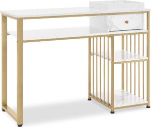 M MCombo Scrivania con cassetti, con mensola, tavolino da manicure in legno con struttura in metallo, toeletta senza specchio, marmo bianco e oro, 2498