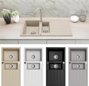 Lavello in granito, lavello da cucina, lavello da incasso 100x50 cm, a due vasche con sgocciolatoio, set di accessori incluso, beige