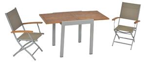 Set di mobili da giardino Merxx Naxos 3 pezzi, 2 poltrone pieghevoli, tavolo da balcone allungabile 65 (130) x 65 cm, alluminio/tessuto/acacia