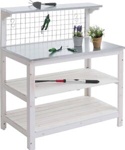 Tavolo da coltivazione MCW-N55, tavolo da giardinaggio, tavolo per fiori, scaffale per piante, struttura in legno, piano in lamiera zincata certificata MVG, dimensioni 117x102x56 cm, colore bianco