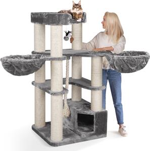 HAPPYPET Tiragraffi stabile "Oscar" - altezza 161 cm, tiragraffi per gatti di grossa taglia Maine Coon, tronchi in sisal di 12 cm di spessore, 600 g di peluche, grigio
