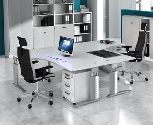 Tavolo angolare Serie U | con canalina per cavi inclusa | Base a C | Regolabile in altezza, Colore piano: rovere nodato, Colore struttura: bianco