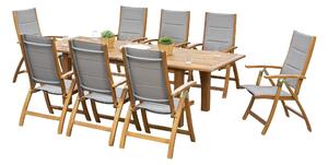 Set di mobili da giardino Merxx 9 pezzi, 8 sedie pieghevoli, tavolo allungabile doppio 180 (220/260) x 100 cm - Acacia/tessuto