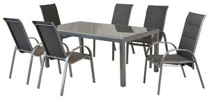 Set di mobili da giardino Merxx Amalfi 7 pezzi, 4 sedie impilabili, 2 sedie con molle a gas, 1 tavolo 190 x 100 cm - alluminio/tessuto