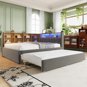 Divano letto 140 x 200 cm con letto estraibile 90 x 190 cm, dotato di luci LED, porte USB, connettore Type-C e presa di corrente, scomparti portaoggetti, rivestito in flanella, colore grigio scuro
