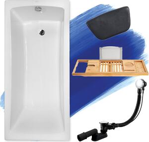 BADLAND vasca rettangolare Optimaz 140x70 con set di scarico e piedini GRATIS senza rivestimento + ripiano in bambù + cuscino da bagno | BADLAND OPTIMAZ