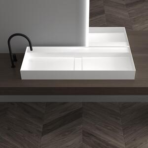 Lavabo da parete in mineralguss, modello TWG211, colore bianco opaco, forma rettangolare. Disponibile in diverse larghezze (80/100/120 cm). Dotato di miscelatore a due maniglie, facile da pulire