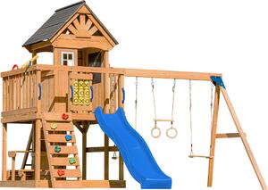 AXI Jack Casetta per bambini in legno con 2 altalene, scivolo blu / Parco giochi all'aperto, recinto con sabbia, trapezio / parete di arrampicata | Giochi in legno per esterni