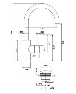 Miscelatore monocomando per lavabo Herzbach DEEP, modello L-Size a bassa pressione, maniglia laterale con scarico PUSH, cromato