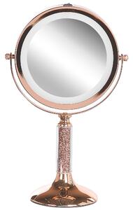 BELIANI Specchio cosmetico in metallo rosa-dorato ø 13 cm rotondo bifacciale ruotabile con supporto di luce LED specchio da tavolo per il trucco con ingrandimento 5x