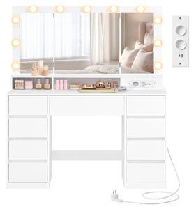 VASAGLE, tavolino da toilette con illuminazione a LED, tavolino da toilette con specchio pieghevole, cassetti, prese, colori della luce regolabili, bianco