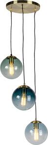 QAZQA - Lampada a sospensione Art Deco I lampada a sospensione in ottone con vetro blu - PallonI 3 luci I soggiorno I camera da letto - sfera I sferica I allungata - LED adatto E27