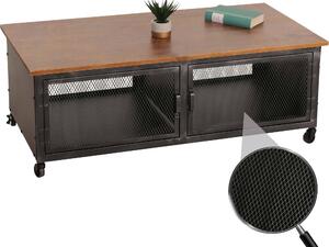 Tavolino da divano MCW-N28, con ruote, 2 scomparti, struttura 3D in stile industriale retrò, realizzato in metallo e legno, dimensioni 45x120x60 cm, disponibile nei colori nero e marrone