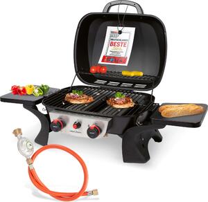 Barbecue a gas ProfiCook con 2 bruciatori in acciaio inox, barbecue da tavolo con riduttore di pressione e tubo del gas, con display della temperatura - PC GG 1261