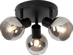 QAZQA - Lampada da soffitto Art Déco I Lampada da soffitto I Lampada I Lampada nera a 3 luci con barre spot da 5 cm con vetro fumé a 3 luci con barre spot - Vidro I Soggiorno I Camera da letto - Rotonda - Adatta a LED E14