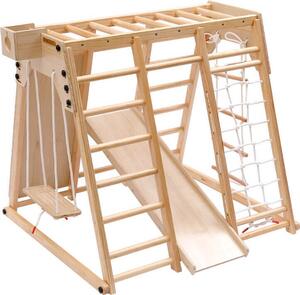 HOME DELUXE - Struttura da arrampicata per interni LIO - legno di pino, 121 x 112 x 121 cm, incl. supporto Toniebox, scivolo, parete da arrampicata e altalena I Struttura da arrampicata per bambini