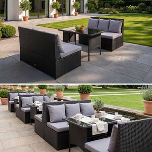 Set in polyrattan MCW-G16, set da giardino/lounge, set da pranzo, ristorazione 2 divani da 2 posti Tavolo ~ nero, cuscini grigio chiaro
