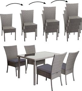 Set in poly-rattan HWC-G19, gruppo di sedute da balcone/lounge, 4xsedia+tavolo, 120x75cm ~ grigio, cuscini grigio scuro