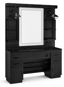 Toeletta con 4 cassetti, specchio, zona di lavoro con 4 ripiani e 2 armadietti, armadietto a specchio con illuminazione, 3187 (nero)