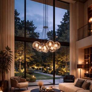 S.luce Orb Cluster: lampada a sospensione con diffusori in vetro a forma di sfera, ideale per gallerie, con 7 luci, finitura in rame, disponibile in versione rotonda e allungata, diametro 20 cm