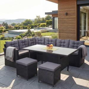 Set in polyrattan MCW-A29, set da giardino con divano, tavolo da pranzo e sedie, nero ~ cuscini grigio scuro, con 2 sgabelli