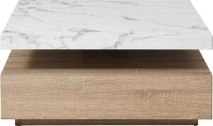 Tavolino girevole - 1 cassetto - MDF - Colori bianco e legno effetto marmo - KYRIA