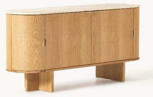 Credenza in legno con angoli arrotondati e piano in travertino Zumi