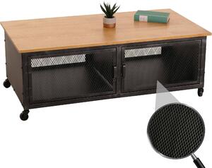 Tavolino da divano MCW-N28, con ruote, 2 scomparti, struttura 3D in stile industriale retrò, realizzato in metallo e legno, dimensioni 45x120x60 cm, colore nero e naturale