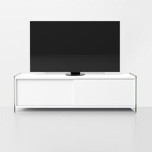 Porta-tv con struttura biblos fianchi in Vetro e ripiani in laminato Ecologico MEDIA Dimensioni 160x48xh36 cm ante scorrevoli bianco sable