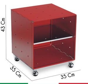 Comodino QBO11 Modulo Base Rosso 35x35x35 Con Ripiano Zincato e Ruote