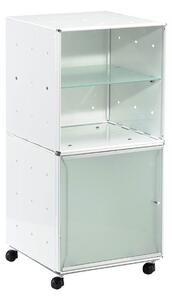 Carrellino Comodino QBO 28 Composizione con due Cubi ripiano in vetro anta in vetro con maniglia e ruote Bianco