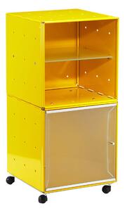 Carrellino Comodino QBO 28 Composizione con due Cubi ripiano in vetro anta in vetro con maniglia e ruote Giallo