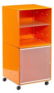 Carrellino Comodino QBO 28 Composizione con due Cubi ripiano in vetro anta in vetro con maniglia e ruote Arancio